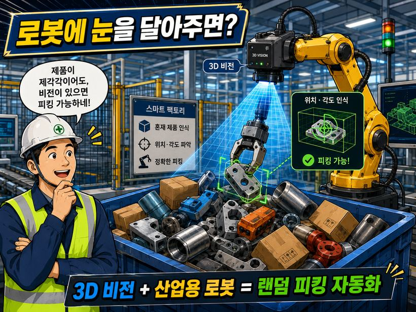 3D 비전으로 혼재 제품을 인식해 랜덤 피킹을 자동화하는 개념 일러스트 — 로봇에 눈을 달아주면?