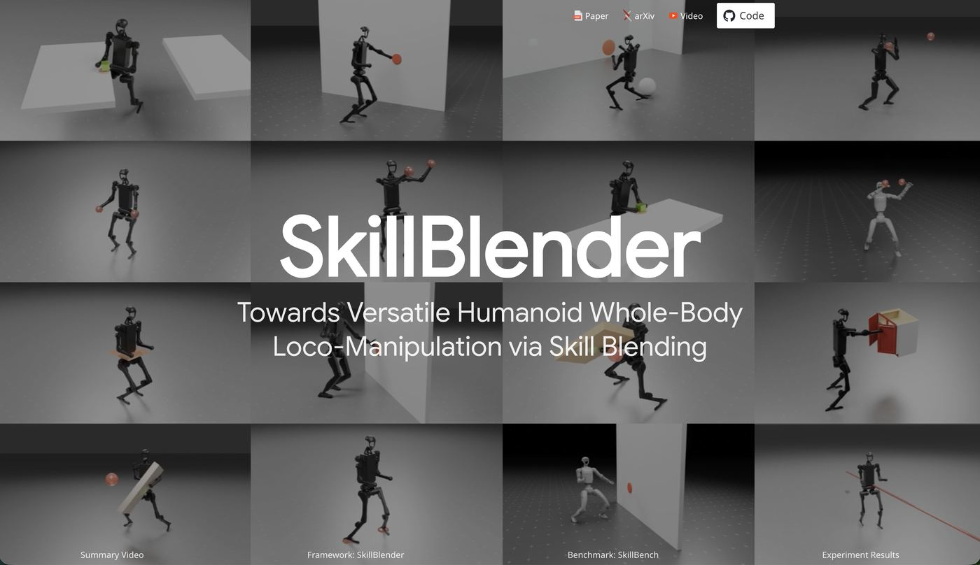 SkillBlender 휴머노이드 로봇 loco-manipulation 데모 - 박스 옮기기, 버튼 누르기, 공 차기 전신 제어